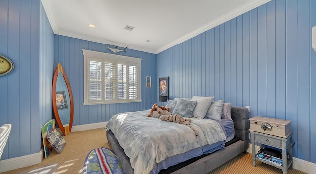 carpeted bedroom featuring crown molding