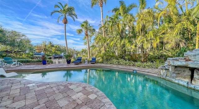 view of swimming pool featuring a patio