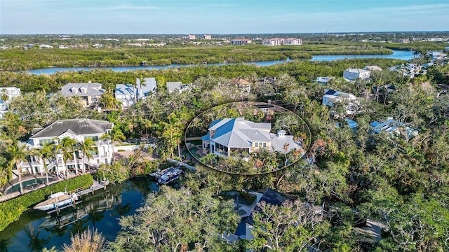 aerial view featuring a water view