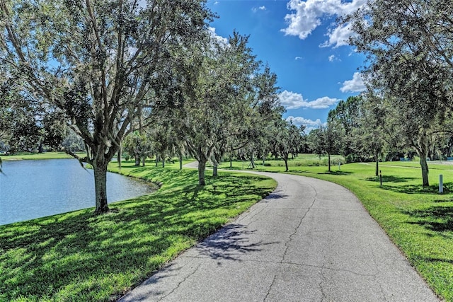 view of property's community with a water view and a yard