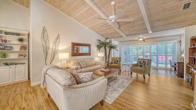 living room featuring wood ceiling, beam ceiling, ceiling fan, high vaulted ceiling, and light hardwood / wood-style floors