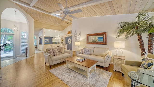 living room with wood ceiling, beamed ceiling, and light hardwood / wood-style flooring