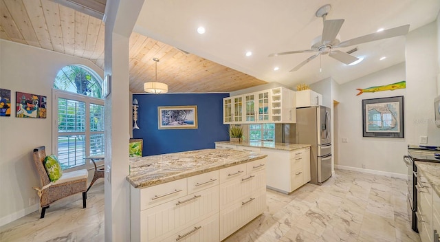 kitchen with wood ceiling, light stone countertops, stainless steel appliances, and lofted ceiling