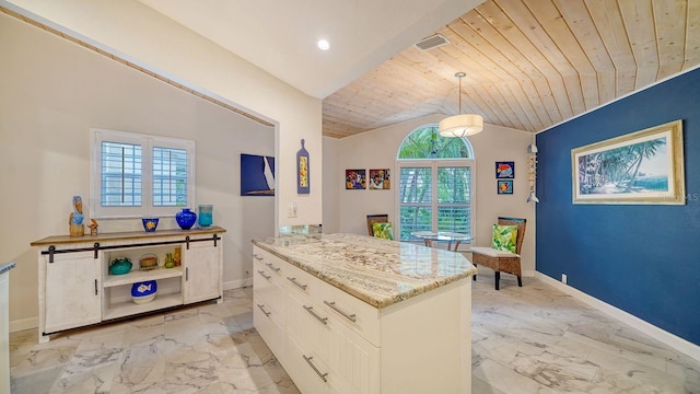 kitchen with wood ceiling, white cabinetry, vaulted ceiling, pendant lighting, and light stone counters