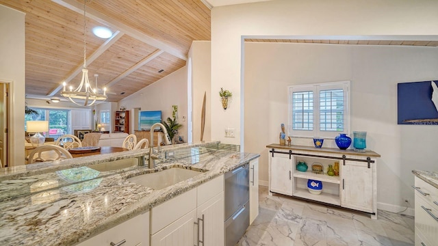 kitchen with wood ceiling, vaulted ceiling with beams, sink, light stone countertops, and white cabinets