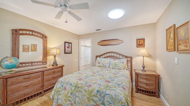 bedroom featuring ceiling fan and light wood-type flooring