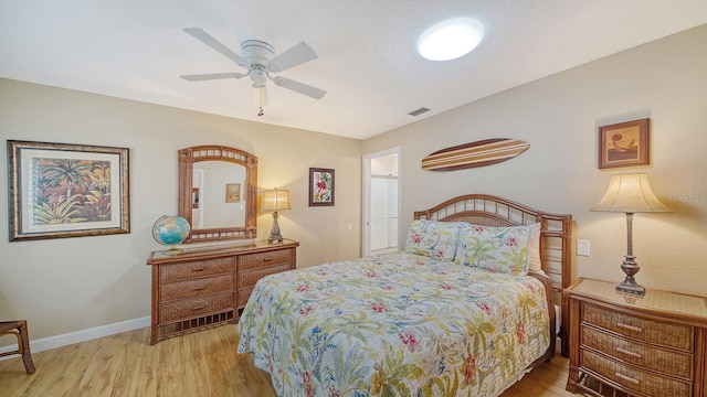 bedroom featuring ceiling fan and light wood-type flooring