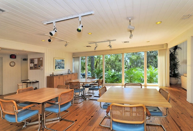 dining space featuring light hardwood / wood-style floors and track lighting