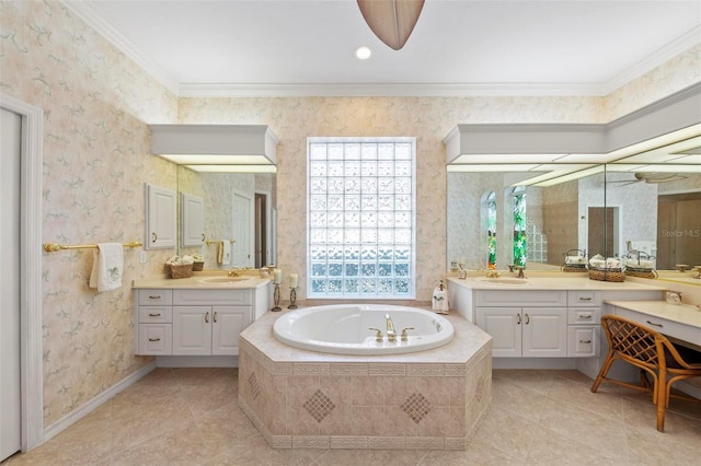 bathroom with tile patterned flooring, vanity, a relaxing tiled tub, and ornamental molding