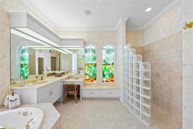 bathroom featuring vanity, tile patterned floors, crown molding, ceiling fan, and shower with separate bathtub