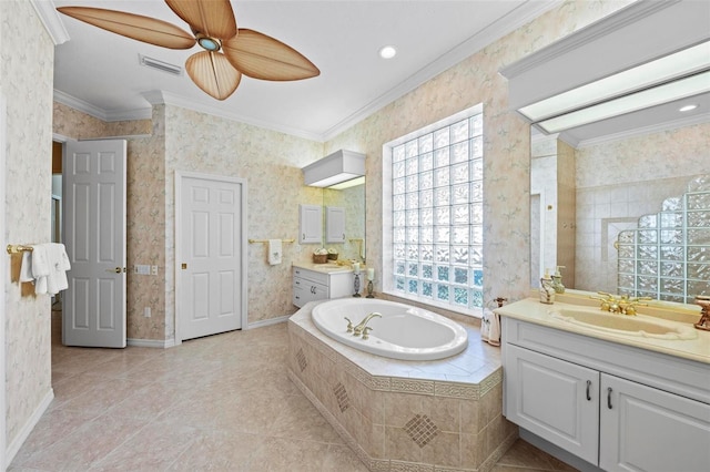 bathroom with vanity, tile patterned floors, ceiling fan, ornamental molding, and tiled bath