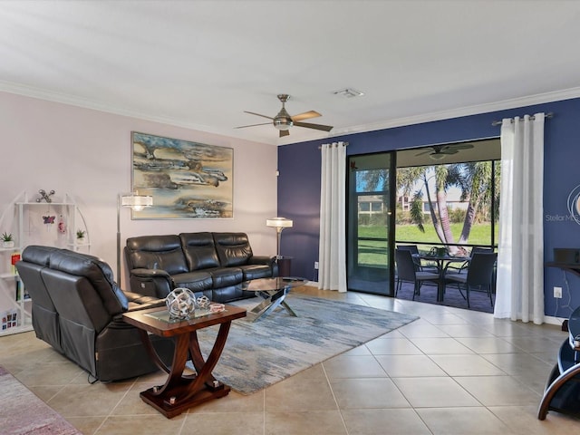 tiled living room featuring ornamental molding and ceiling fan