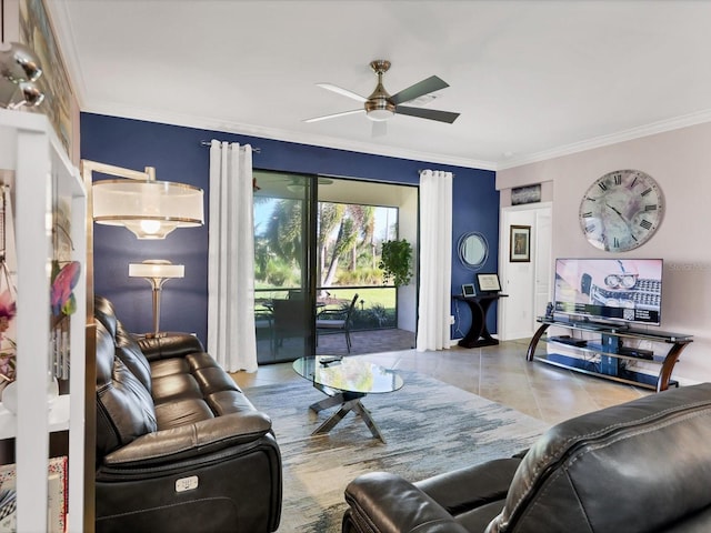 tiled living room featuring crown molding and ceiling fan