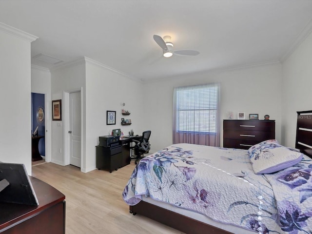 bedroom with light hardwood / wood-style floors, ornamental molding, and ceiling fan