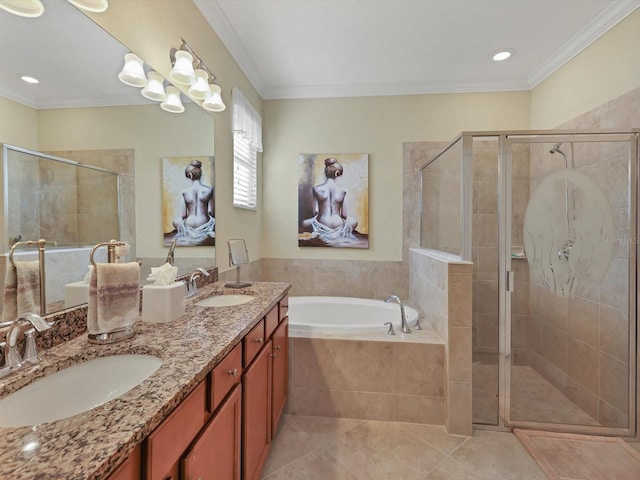 bathroom featuring vanity, independent shower and bath, ornamental molding, and tile patterned flooring