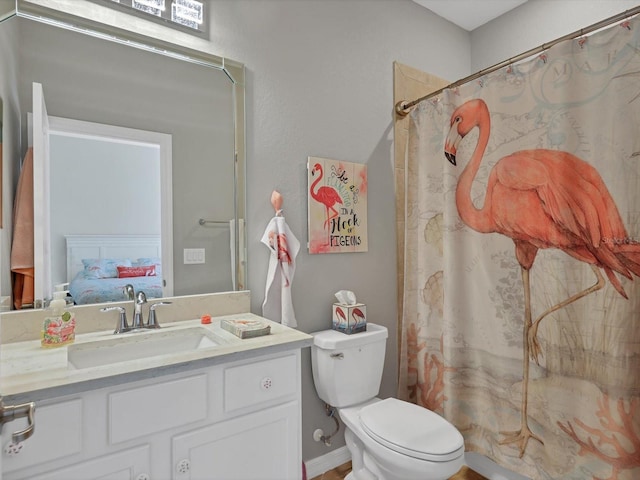 bathroom featuring toilet, a shower with curtain, and vanity