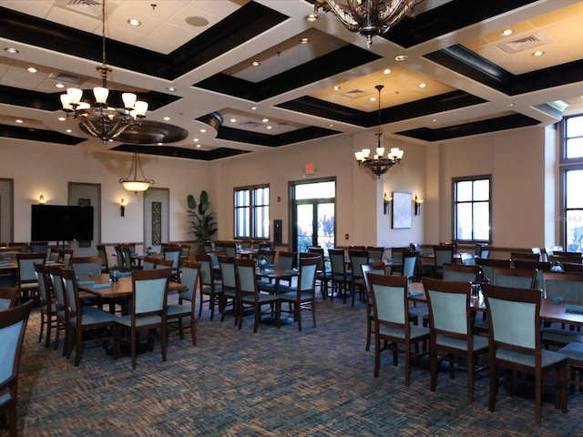 carpeted dining room with coffered ceiling, a high ceiling, and plenty of natural light