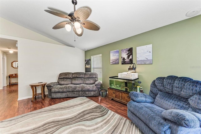 living room with lofted ceiling, dark wood-type flooring, and ceiling fan