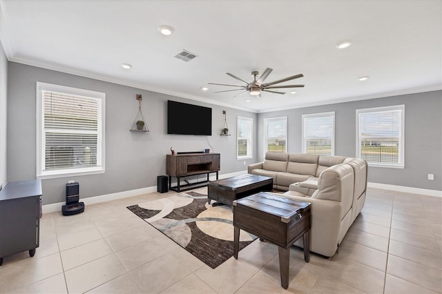 tiled living room featuring ceiling fan and ornamental molding