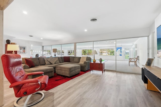 living room with light hardwood / wood-style flooring