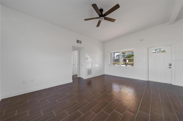 unfurnished living room featuring dark hardwood / wood-style flooring, high vaulted ceiling, and ceiling fan