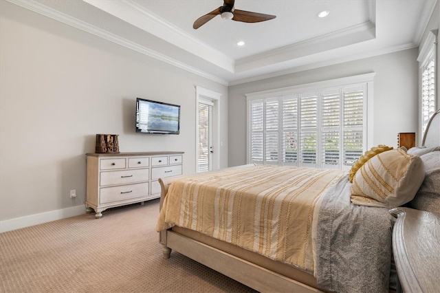 bedroom with light colored carpet, multiple windows, ornamental molding, and ceiling fan