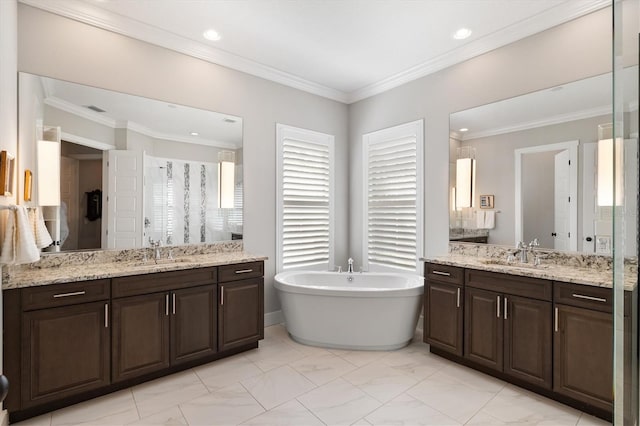 bathroom featuring a healthy amount of sunlight, vanity, and ornamental molding