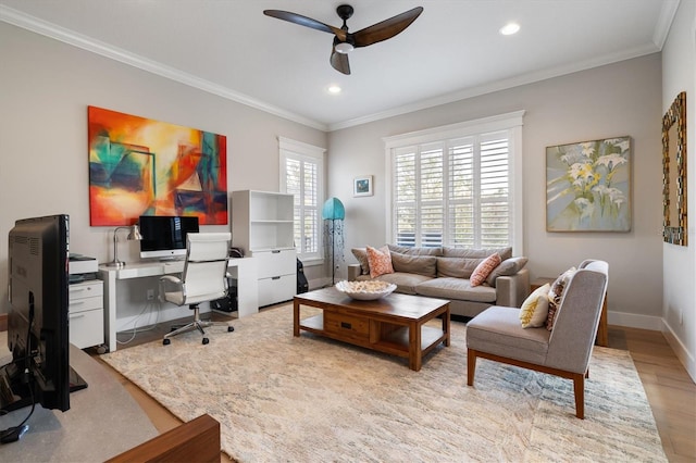 interior space with ceiling fan, light hardwood / wood-style floors, and ornamental molding