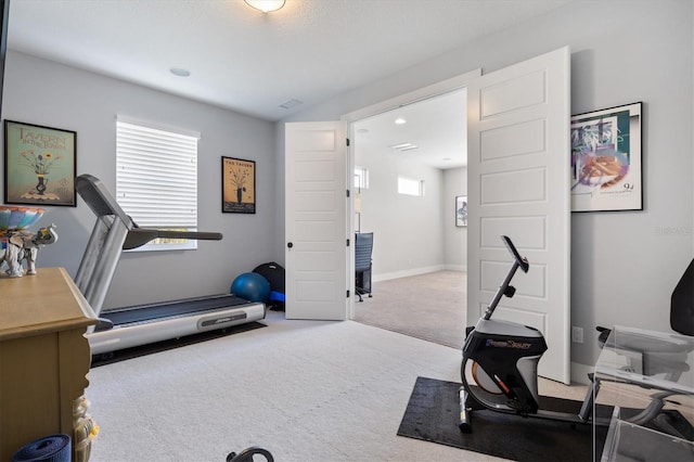 exercise area with carpet floors