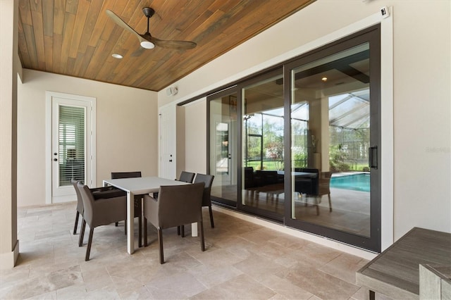 dining space featuring ceiling fan, a healthy amount of sunlight, and wooden ceiling