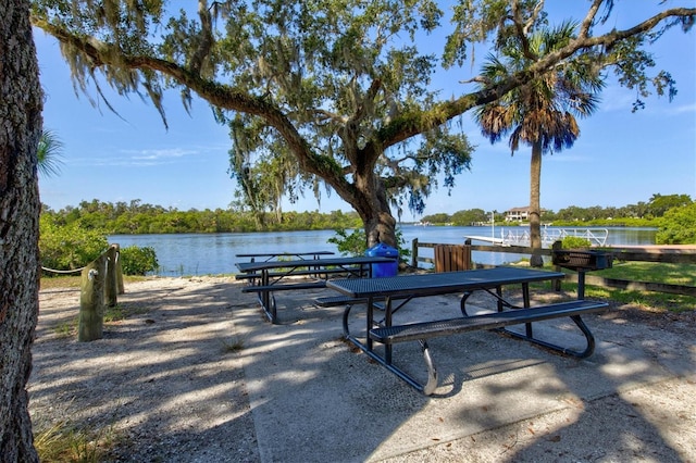 view of community with a water view