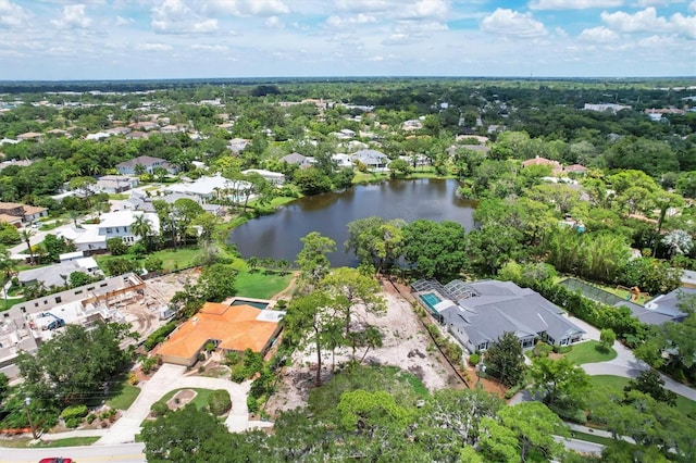 birds eye view of property with a water view and a residential view