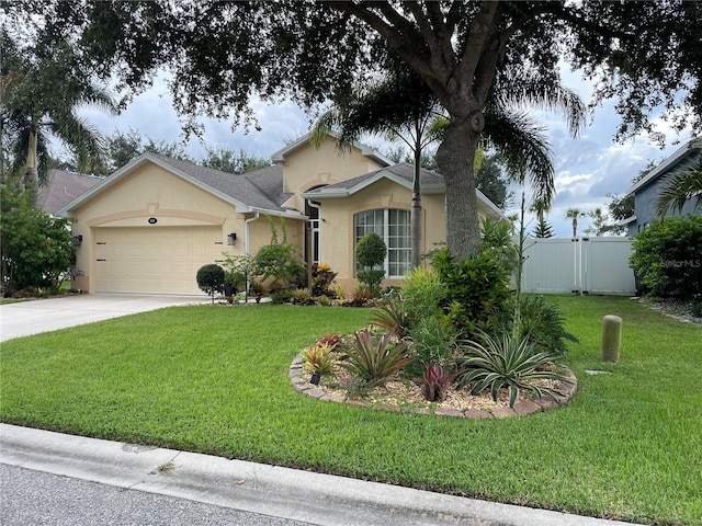 ranch-style home with a front yard and a garage