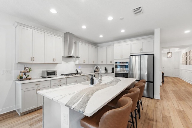 kitchen with white cabinetry, stainless steel appliances, wall chimney exhaust hood, and a center island with sink