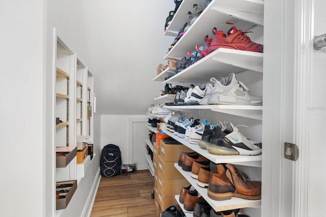 walk in closet with light wood-type flooring