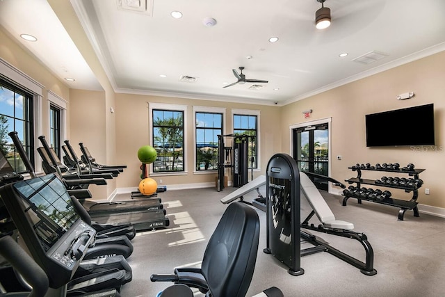 exercise room with ceiling fan, french doors, and ornamental molding