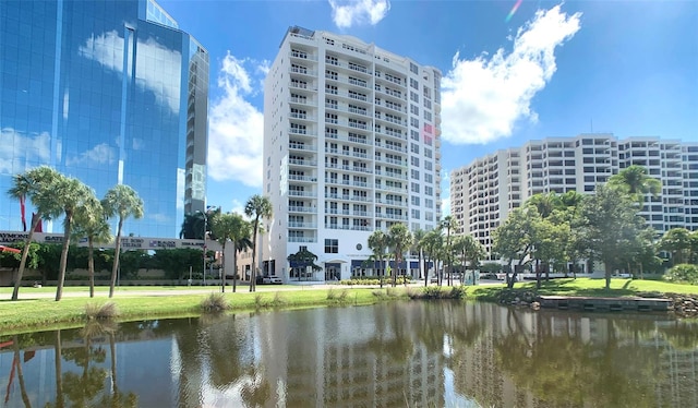 view of building exterior with a water view