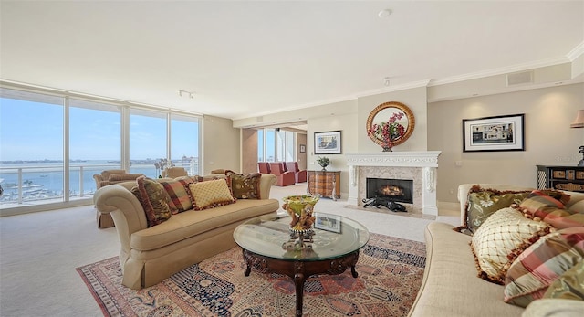 living room featuring a fireplace, a wall of windows, a water view, and ornamental molding