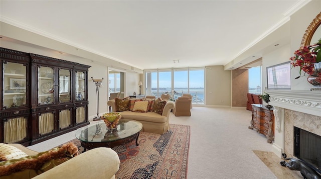 carpeted living room with plenty of natural light, a fireplace, a water view, and crown molding