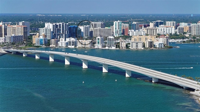 bird's eye view with a water view