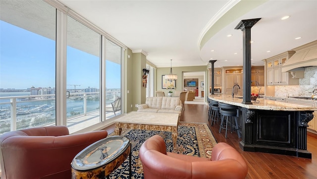 living room with ornamental molding, dark wood-type flooring, a water view, and sink