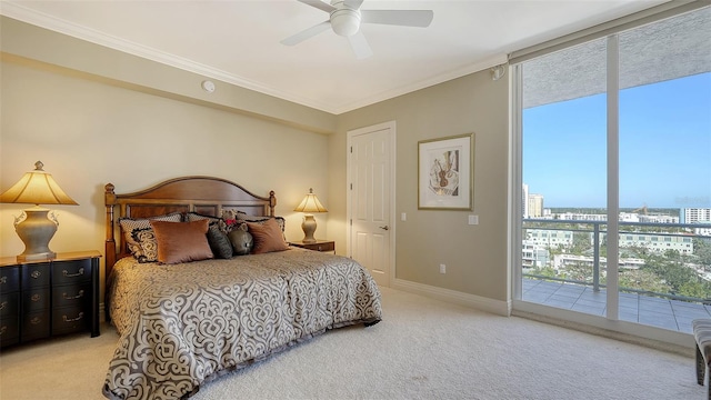 bedroom featuring crown molding, access to outside, multiple windows, and ceiling fan