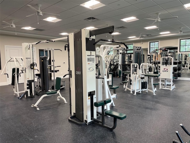 gym featuring a paneled ceiling and ceiling fan