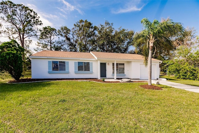 ranch-style house with a front yard and a garage