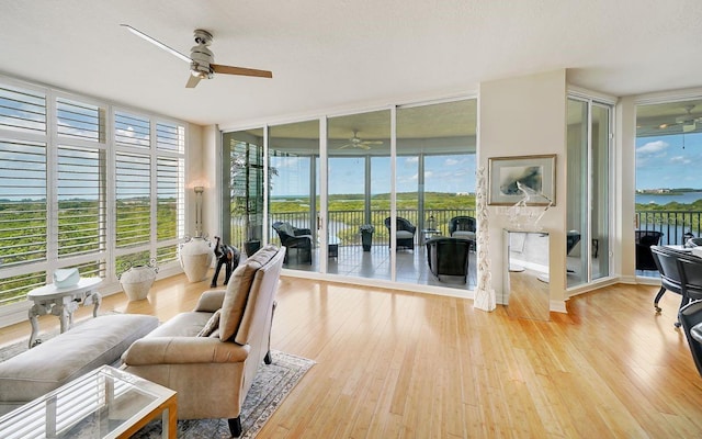 living room featuring a wealth of natural light, expansive windows, and hardwood / wood-style flooring