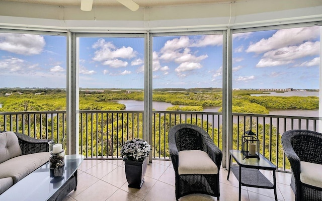 sunroom / solarium with a water view