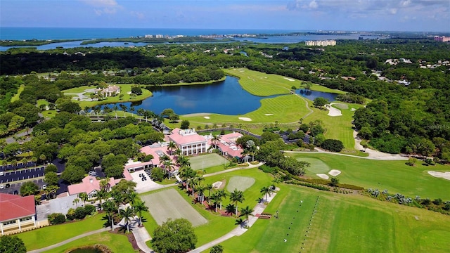 aerial view with a water view and view of golf course