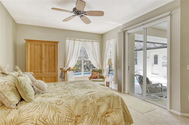 unfurnished bedroom featuring light carpet, access to exterior, and ceiling fan