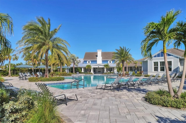 view of swimming pool with a patio