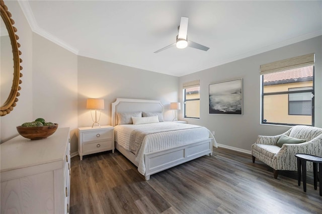 bedroom with ceiling fan, dark hardwood / wood-style flooring, and ornamental molding